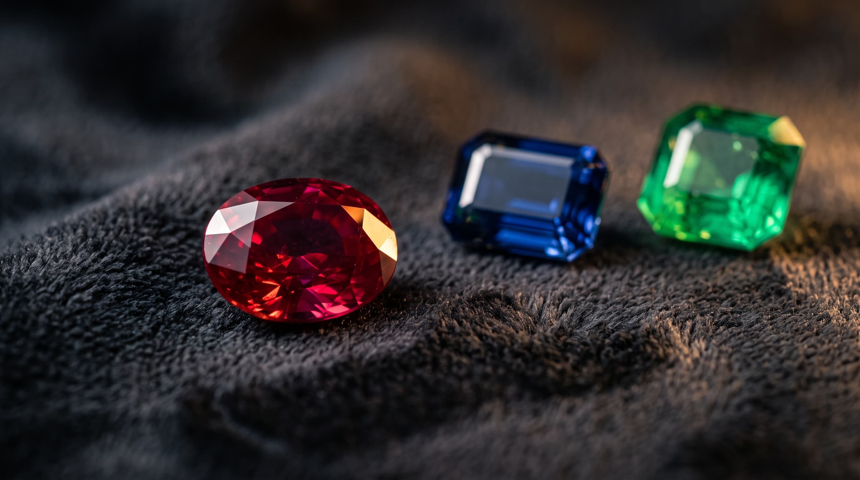Loose ruby, blue sapphire and emerald on dark cloth